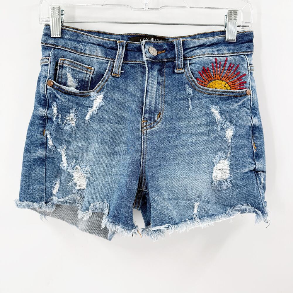 Judy Blue Distressed Denim Shorts with Embroidered Sunburst